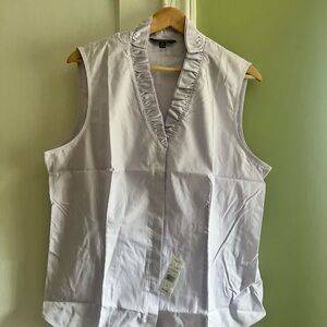 Brooks Brothers White and Light Blue Striped Sleeveless Ruffle V-Neck Blouse